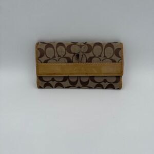 Coach Signature Brown Tan Canvas Leather Snap Trifold Wallet Purse